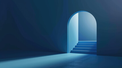 Serenely lit blue arches forming a corridor in an abstract, futuristic space. - obrazy, fototapety, plakaty