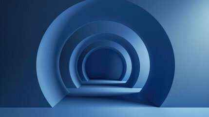 Serenely lit blue arches forming a corridor in an abstract, futuristic space.