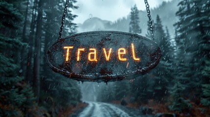 Logo with misty forests in the mountains, sign "Travel"