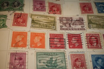 Neatly laid out Canadian stamps