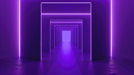 Square vibrant purple neon lights lead through a futuristic corridor.