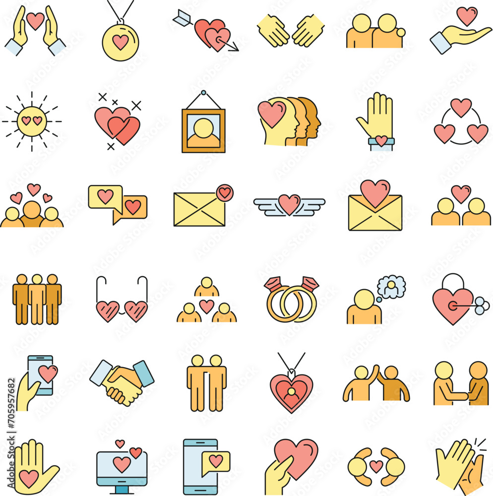 Poster affection icons set. outline set of affection vector icons thin line color flat on white
