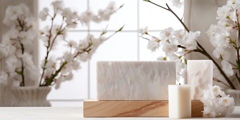 Wooden cube podium with white spring flowers in marble interior. Showcasing cosmetics and products.