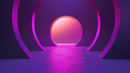 Futuristic purple neon archway glowing against a moody backdrop. - obrazy, fototapety, plakaty