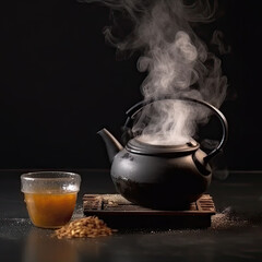 Old black tea pot with white steam standing on wooden plank near honey in glass. Black background. Cozy rustic tea break