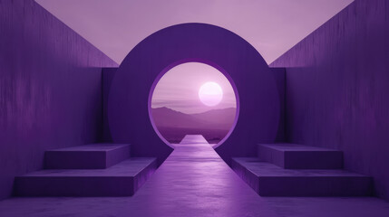 Obraz premium A glowing purple arch in a futuristic passage leads to the outdoor alien planet.