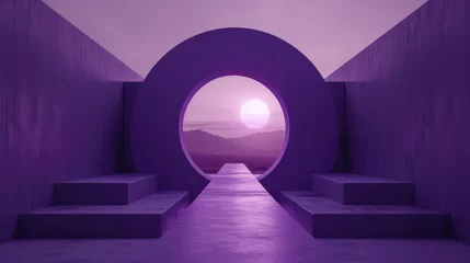 Fotobehang A glowing purple arch in a futuristic passage leads to the outdoor alien planet. © Jan