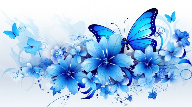 Abstract blue watercolor style floral with butterfly on white background. Generate AI image