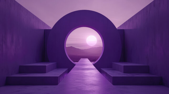 Fototapeta A glowing purple arch in a futuristic passage leads to the outdoor alien planet.