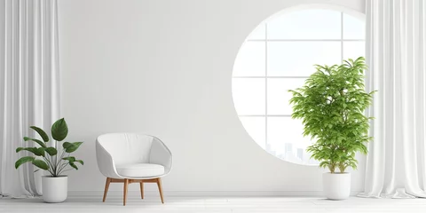 Foto op Canvas Minimalistic white interior with large windows, home plants, round table, chairs, and a white loft, adorned with white curtains. © Vusal