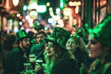 People Celebrating St Patrick's Day in a Irish Beer Pub in a leprechaun costumes. Saint Patrick's Day Concept with Copy Space. Group of friends drinking beer and having fun in a Irish Pub. St. Patrick