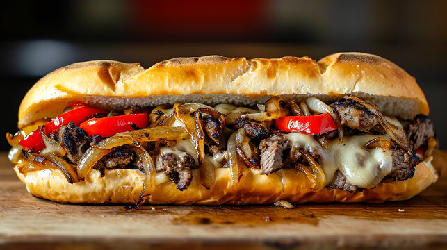 Delicious Philly cheesesteak with chopped beef peppers, caramelized onions with pickles and provolone cheese in a crisp hoagieroll. Traditional American cuisine