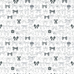 Fototapeta na wymiar Monochromatic seamless pattern featuring hand-drawn doodle bow ties in various styles and shapes on a white background. Suitable for stylish and elegant textile or paper designs