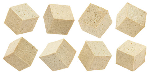 Tofu cheese cubes isolated on white background, full depth of field