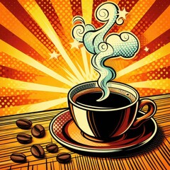 Pop Art Illustration: Hot Espresso in Brown Mug, Cafe Beverage for Breakfast