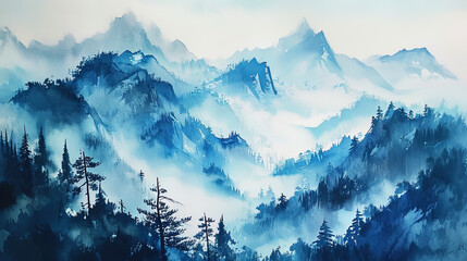 The mysterious watercolor, in which the mountain peaks are shrouded in a light fog, creating the i - obrazy, fototapety, plakaty