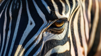 Zebra's eye, full of clarity and contrast, like a graphic pattern on a motley savannah