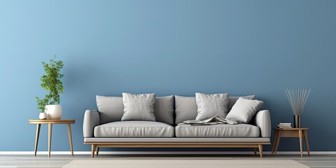 Stylish living room with blue/gray walls, newly designed