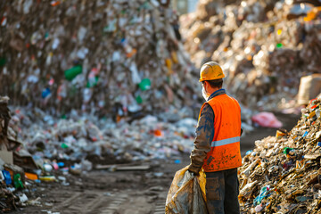 A worker at a recycling center, seen from the back, diligently recycling materials. - obrazy, fototapety, plakaty