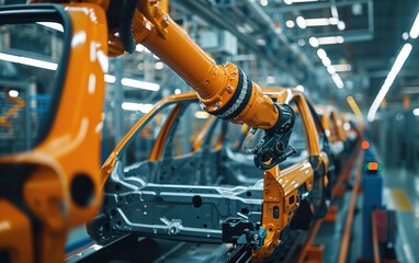 Modern factory with robotic arms for the car production