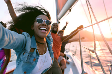 Freudige Bootsfahrt: Glückliche Menschen genießen gemeinsam fröhliche Momente auf dem glitzernden Wasser - obrazy, fototapety, plakaty