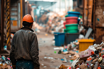 A worker at a recycling center, seen from the back, diligently recycling materials.