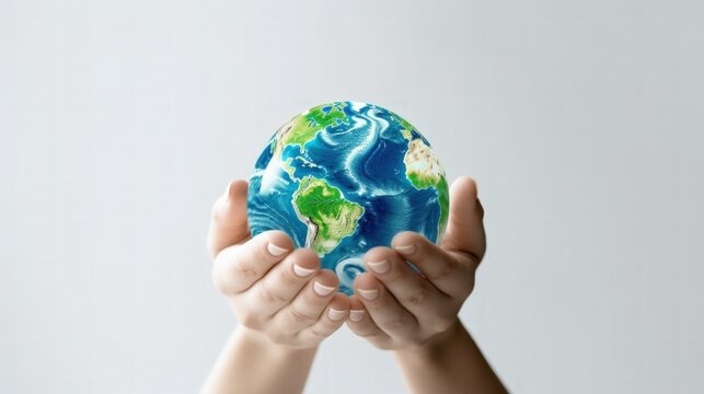 Human hands holding blue earth global for earth day concept on white background. Generate AI