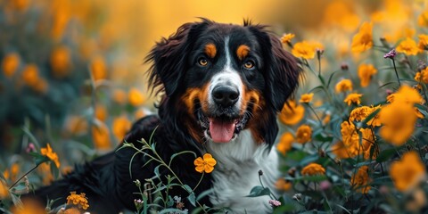 The portrait of a cute tricolor Sheltie dog posing outdoors behind pink flowers in autumn
