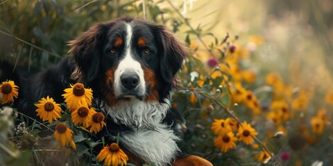 The portrait of a cute tricolor Sheltie dog posing outdoors behind pink flowers in autumn