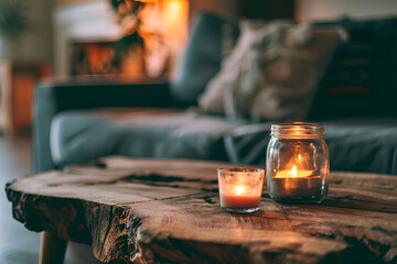 A detailed shot of a weathered glass jar containing a lit candle positioned on a rustic live edge coffee table, set against a gray sofa in a minimalist loft, showcasing contemporary interior design 