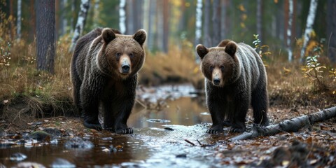 a pair of bears standing in the woods with grass and trees