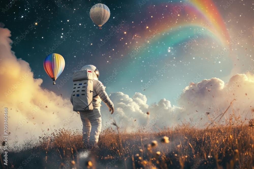 Poster an astronaut walking in a meadow on an unknown planet, symbolizing space exploration and colonizatio