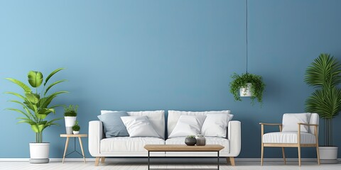 White furniture and green plants adorn the living room, with blue wall backdrop.