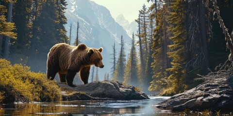 a brown bear is standing on the shore of a river - obrazy, fototapety, plakaty