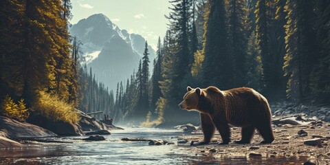 a brown bear is standing on the shore of a river