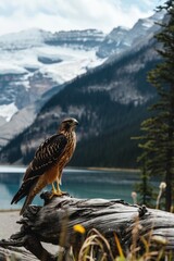 a hawk perched on a log near a lake, in the style of mountainous vistas