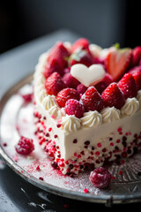 A delicious homemade heart-shaped cake with raspberry and cream, perfect for a sweet celebration.
