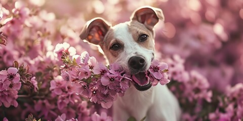 portrait of abrown dog outdoor with peony - obrazy, fototapety, plakaty