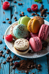 A delectable display of colorful gourmet macarons, featuring a variety of flavors on a wooden background.