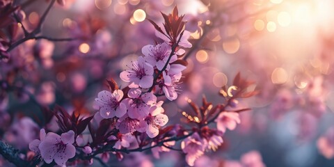 pink bokeh background with shining lights and flowers stock, in the style of cherry blossoms