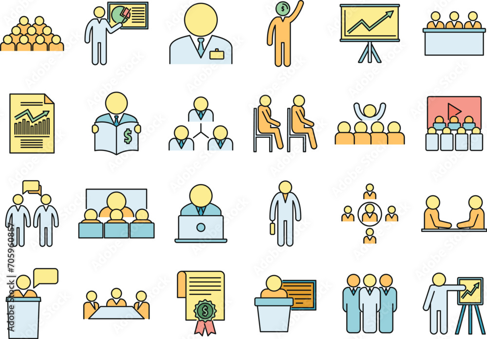 Poster business training presentation icons set. outline set of business training presentation vector icons