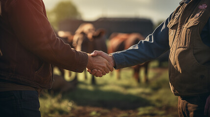 Handshake of two men farmers against the background of a field with grazing brown cows
