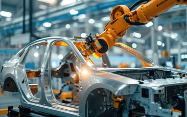 Fototapeta premium Modern factory with robotic arms for the car production