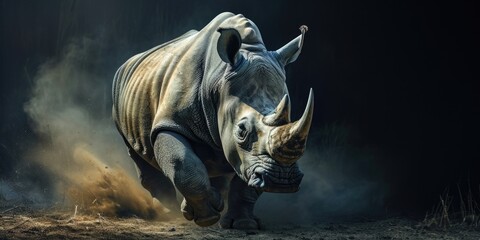 rhino running in the dust on black background - obrazy, fototapety, plakaty