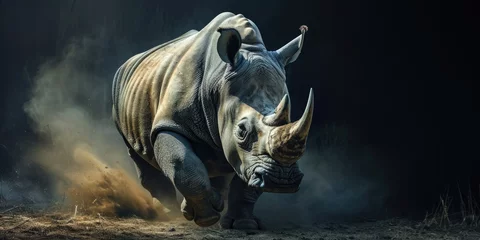 Fotobehang rhino running in the dust on black background © Landscape Planet
