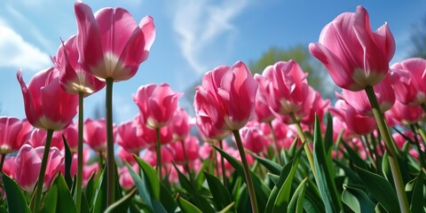 a field of pink tulips under a blue sky