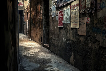 Dirty alleyway with worn-out posters, an atmospheric scene featuring a dirty alleyway with worn-out posters.