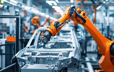 Modern factory with robotic arms for the car production