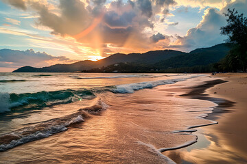 Naklejka premium A vibrant sunset graces Phuket's beach, while on the opposite side, a rainbow decorates the mountains.