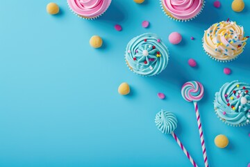 Blue table top on blue background with decorated lollipops and cupcakes, children birthday party - obrazy, fototapety, plakaty